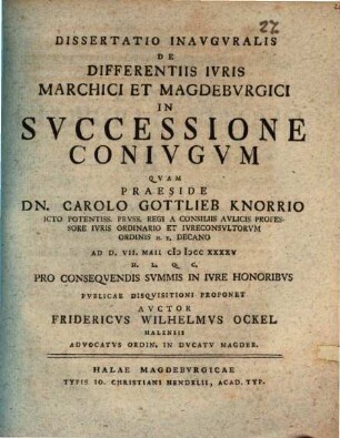 Dissertatio Inavgvralis De Differentiis Ivris Marchici Et Magdebvrgici In Svccessione Conivgvm