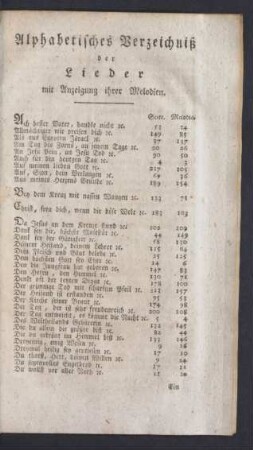 Alphabetisches Verzeichniß der Lieder mit Anzeigung ihrer Melodien.