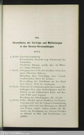 III. Vorträge und Mittheilungen in den Vereins-Versammlungen