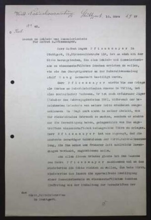 Gesuch um Schieß- und Sammelerlaubnis für Eugen Wilhelm Pfizenmayer