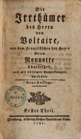 Die Irrthümer des Herrn von Voltaire, 1