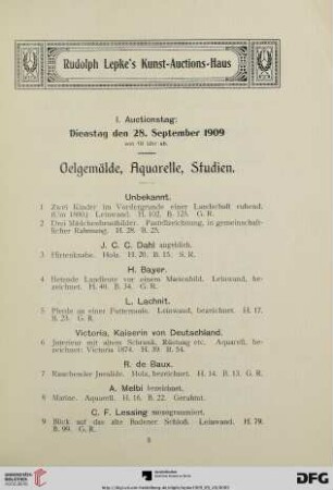 I. Auctionstag: Dienstag, den 28. September 1909 von 10 Uhr ab. Oelgemälde, Aquarelle, Studien (Nr. 1-13)