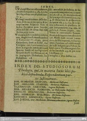 Index DD. Studiosorum Theologiae, qui, in materia hujus libri publicè defendenda, Respondentium partes sustinuerunt