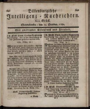 XLI. Stück. Sonnabends : den 12. October, 1782.