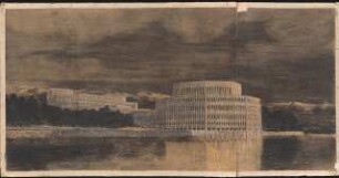 Völkerbundpalast, Genf: Perspektivische Ansicht vom See her