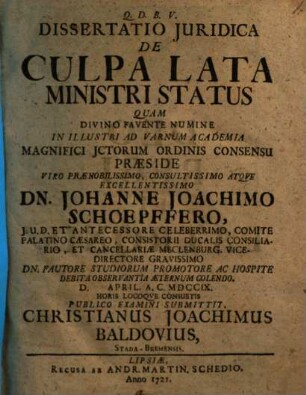 Dissertatio iuridica de culpa lata ministri status