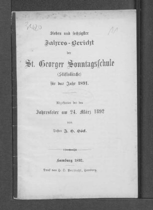 67.1891(1892): Jahres-Bericht der St. Georger Sonntagsschule (Stiftskirche) für das Jahr ...