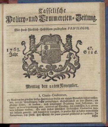 47. Stueck, Montag den 21ten November 1763