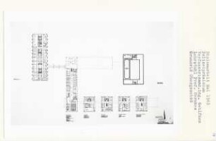 Polizeipräsidium, Berlin-Moabit (Diplomarbeit bei Bernhard Hermkes): Hochhaus, Polizeigewahrsam, Grundrisse Normalgeschoss, 2. Obergeschoss und Dachgeschoss 1:200