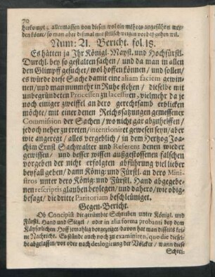Num: 21. Bericht. fol. 18.