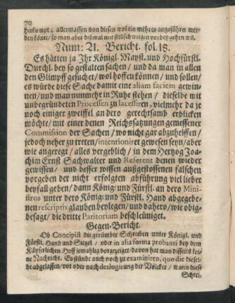 Num: 21. Bericht. fol. 18.