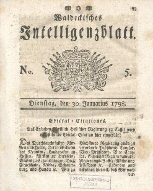 No. 5, Dienstag, den 30. Januarius 1798