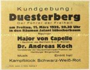Ankündigung einer Kundgebung am 11. März 1932 in Hamburg zur Wahl von Theodor Duesterberg zum Reichspräsidenten