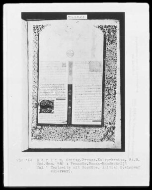Französische Romanhandschrift über die Ritter der Tafelrunde — Initiale S und Bordüre, Folio 1recto