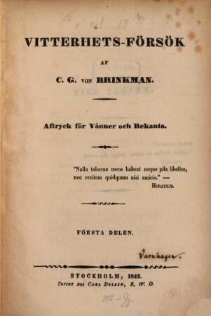 Vitterhets-Försök : Aftryck för vänner och bekanta, D. 1