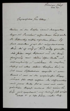 Nr. 10: Brief von Wilhelm Fiedler an Felix Klein, Zürich, 2.8.1887