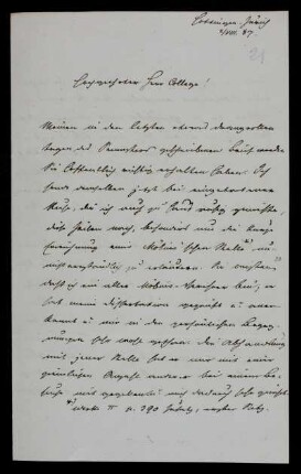 Nr. 10: Brief von Wilhelm Fiedler an Felix Klein, Zürich, 2.8.1887