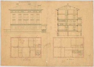 Thiersch, August ; München, Heßstr.; Privathaus - Grundriss 2. OG, Grundriss 3. OG, Ansicht, Schnitt