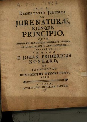 Dissertatio Iuridica De Iure Naturae Eiusque Principio