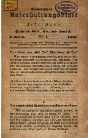 Bayerisches Unterhaltungsblatt für Jedermann : oder Stoffe für Geist, Herz und Gemüth, 1846, Nr. 1