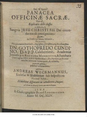 Panacea Officinae Sacrae, Hoc est, Explicatio dicti classici I. Joh. I. v. 7. Sanguis Jesu Christi Filii Dei emundat nos ab omni peccato