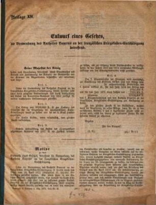 Entwurf eines Gesetzes, die Verwendung des Antheiles Bayerns an der französischen Kriegskosten- Entschädigung betreffend : [Kopftitel]