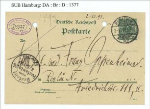 Postkarte an Franz Oppenheimer