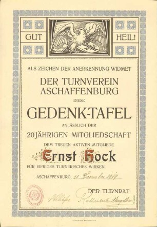 Ehrenurkunde für Ernst Hock - Turnverein Aschaffenburg