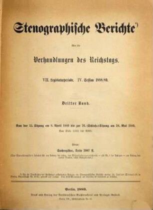 Verhandlungen des Reichstages. Stenographische Berichte. 107. 1888/89