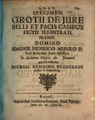 Specimen Grotii de iure belli et pacis casibus fictis illustrati