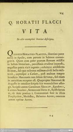 Q. Horatii Flacci Vita In alio exemplari brevius descripta