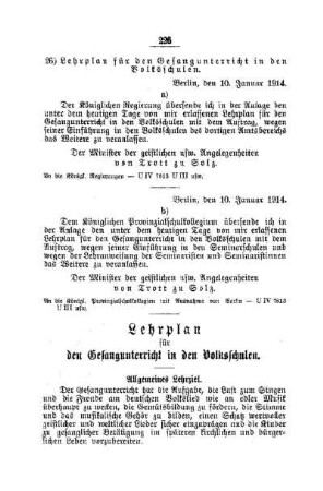 Lehrplan für den Gesangsunterricht in den Volksschulen : [D. Allgemeine Angelegenheiten der Unterrichtsanstalten]