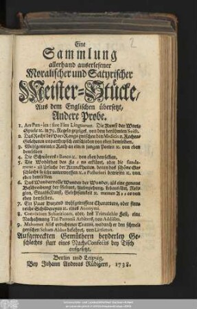 Probe 2: Eine Sammlung allerhand auserlesener Moralischer und Satyrischer Meister-Stücke : Aus dem Englischen übersetzt