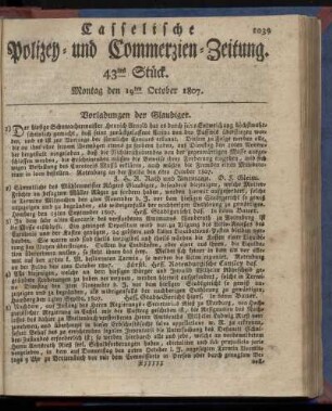 43tes Stück. Montag, den 19ten October 1807
