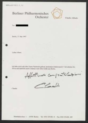 Brief an Albert Dohmen, 17.05.1997