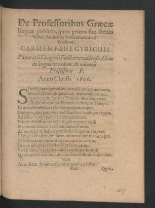 De Professoribus Graecae linguae publicis ... Carmen Panegyricum Pancratii Crugerii