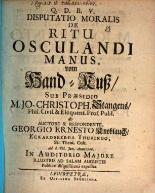 Disp. mor. de ritu osculandi manus, vom Hand-Kuß