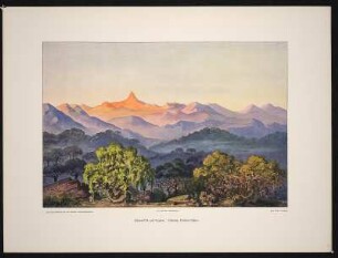 Adams-Pik auf Ceylon. Ostseite, Horton-Plains. : Haeckel, Ernst: Adams-Pik auf Ceylon. Ostseite, Horton-Plains. Bezeichnet "Adams-Pik, Horton-Plains". Februar 1882. Bildtafel zu Wanderbild 33. Druck nach Aquarell; 19 x 28 cm (Bildspiegel) auf 37 x 28 cm