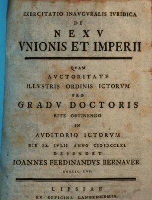 Exercitatio Inavgvralis Ivridica De Nexv Vnionis Et Imperii