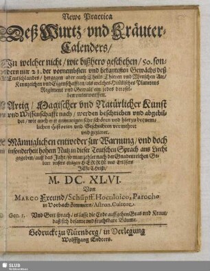 Newe Practica deß Wurtz- und Kräuter-Calenders