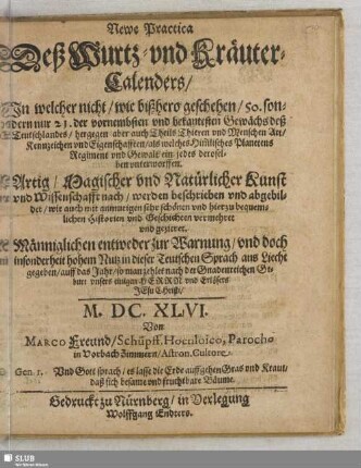 Newe Practica deß Wurtz- und Kräuter-Calenders