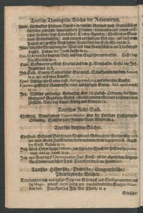 Teutsche Historische/ Politische/ Geographische/ Philosophische Bücher.