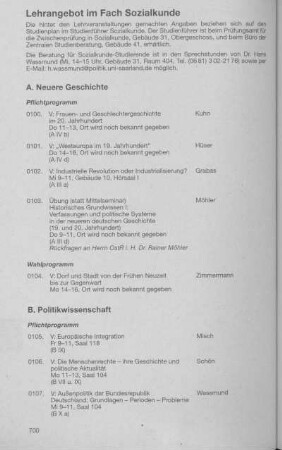 Lehrangebot im Fach Sozialkunde