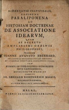 Diss. inaug. exhibens paralipomena ad historiam doctrinae de associatione idearum