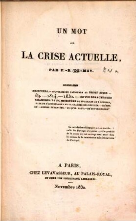 Un mot sur la crise actuelle