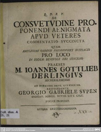 De Consuetudine Proponendi Aenigmata Apud Veteres : Commentatio Succincta