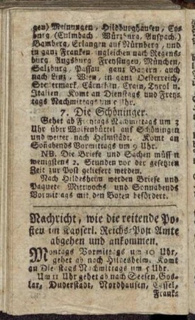 Nachricht, wie die reitende Posten im Kayserl. Reichs-Post-Amte abgehen und ankommen.
