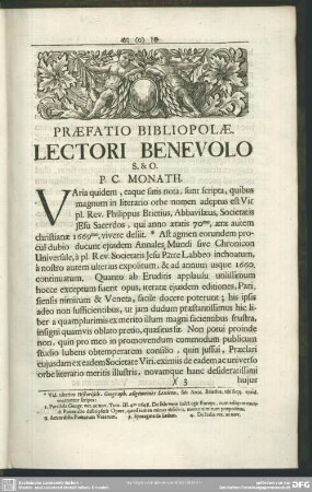 Praefatio Bibliopolae. Lectori Benevolo S. & O. P. C. Monath