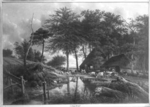 Landschaft mit Bauerngehöft und Viehherde an der Tränke