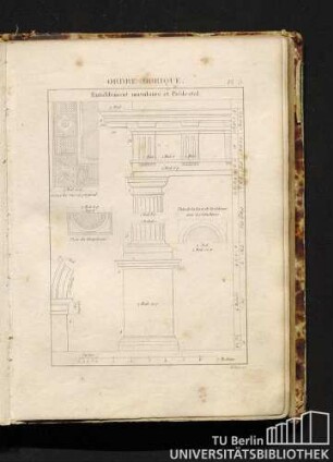 Pl. 5. Ordre Dorique. Entablement mutulaire et Piédestal.